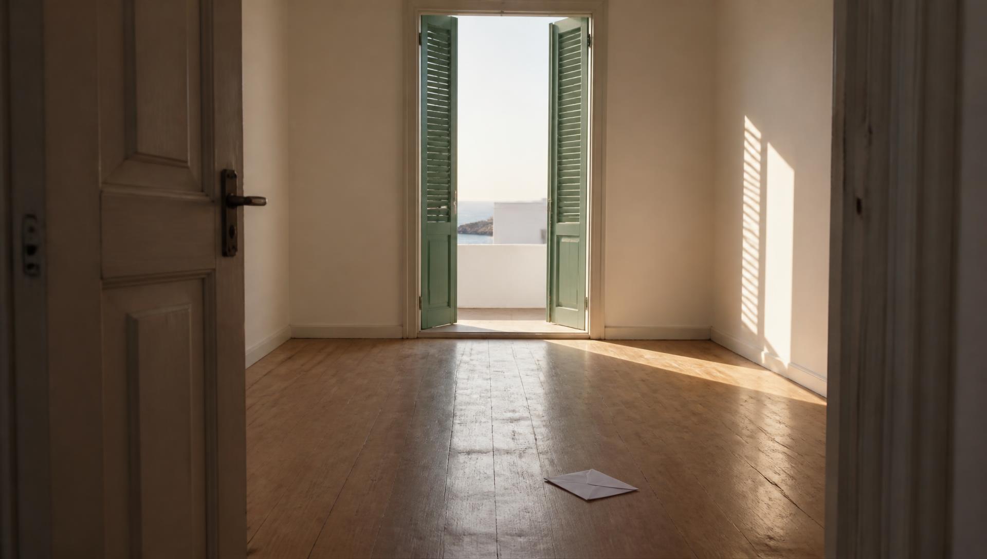 Άδειο διαμέρισμα με δρύινο πάτωμα και ένας φάκελος στο πάτωμα μπροστά από ανοιχτά πράσινα παντζούρια
