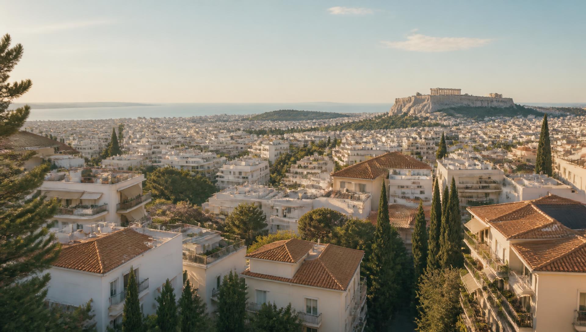Αεροφωτογραφία της Αθήνας με λευκά κτίρια, ταράτσες και θέα προς την Ακρόπολη και τη θάλασσα σε χρυσό πρωινό φως